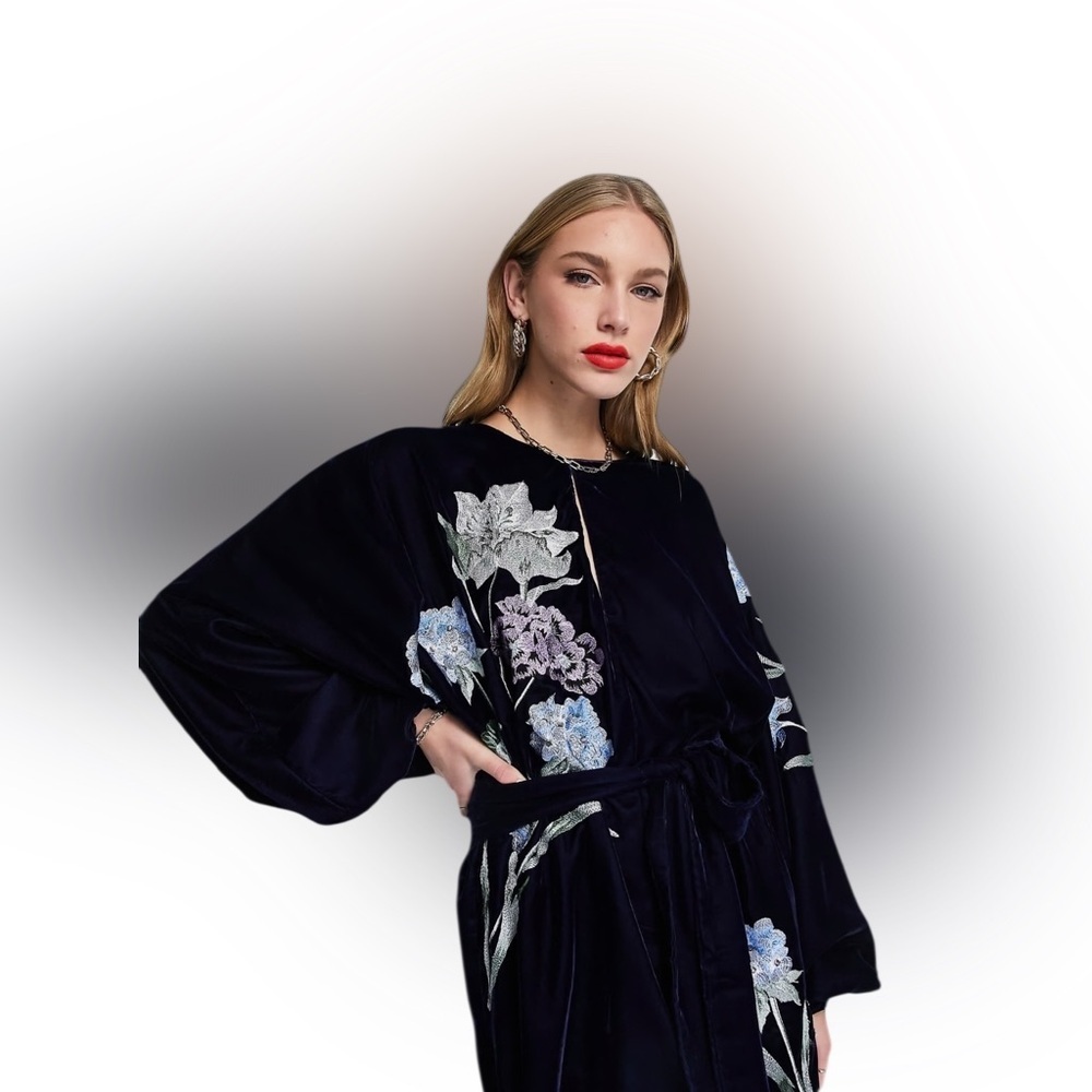 ASOS Navy Velvet Floral Embroidered Midi Dress Boho Luxe Long Sleeve Size 0 - Picture 4 of 14